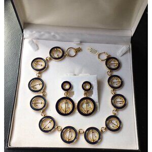 Fifth Avenue  Butler Anchor Away Necklace Clip Earrings Gold Tone Blue Enamel